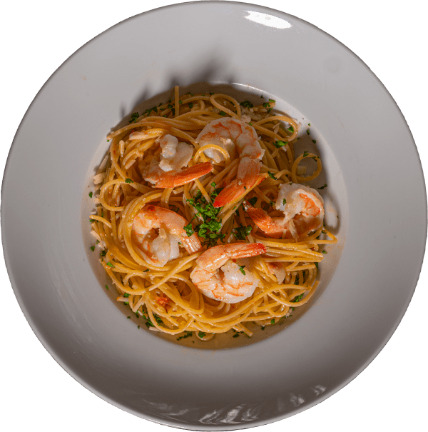 Krewetki legendarne spaghetti z krewetkami tygrysimi z oliwą, czosnkiem, chilli i natką pietruszki z Grana Padano | Restauracja Saska Kępa